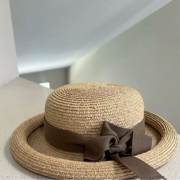 Vintage Helen Kaminski Raffia Straw Hat Rolled Brim Brown Bow hat block Like New - Picture 12 of 14